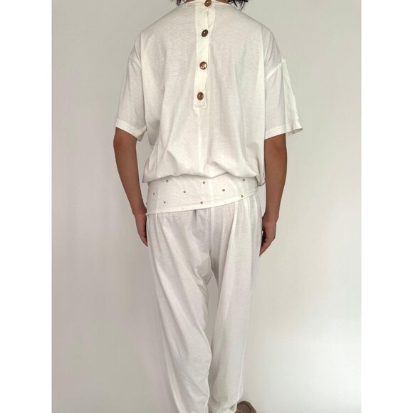 80s white embellished gold seashell retro loose cotton pant one piece jumpsuit - Picture 3 of 10